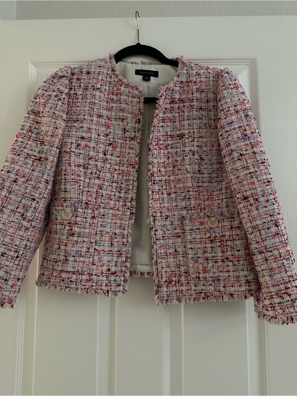 Ann Taylor Pink Multi Tweed Fringe Cropped Jacket